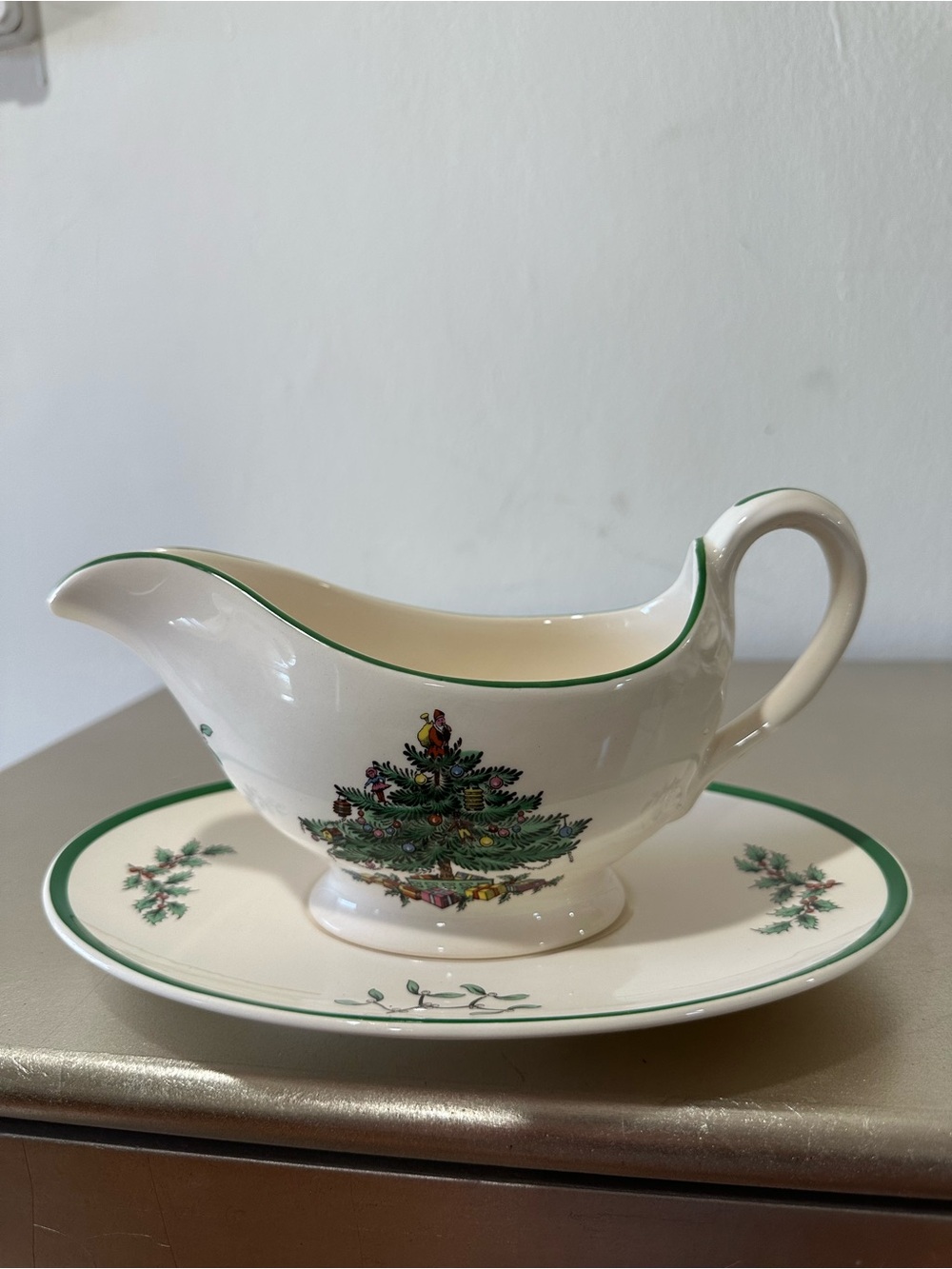 Spode Cream and Green Trim Gravy Boat with Christmas Tree